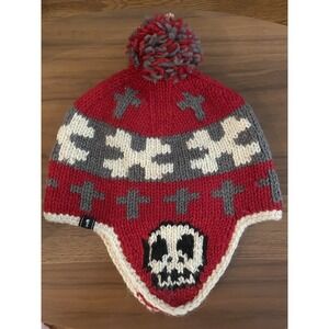 Red And Gray Wool Knit Skull Ear Flap Hat By Grace Hats OS Beanie